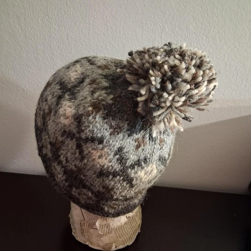 Womens Wool gray, brown, and beige knit beanie with pom pom